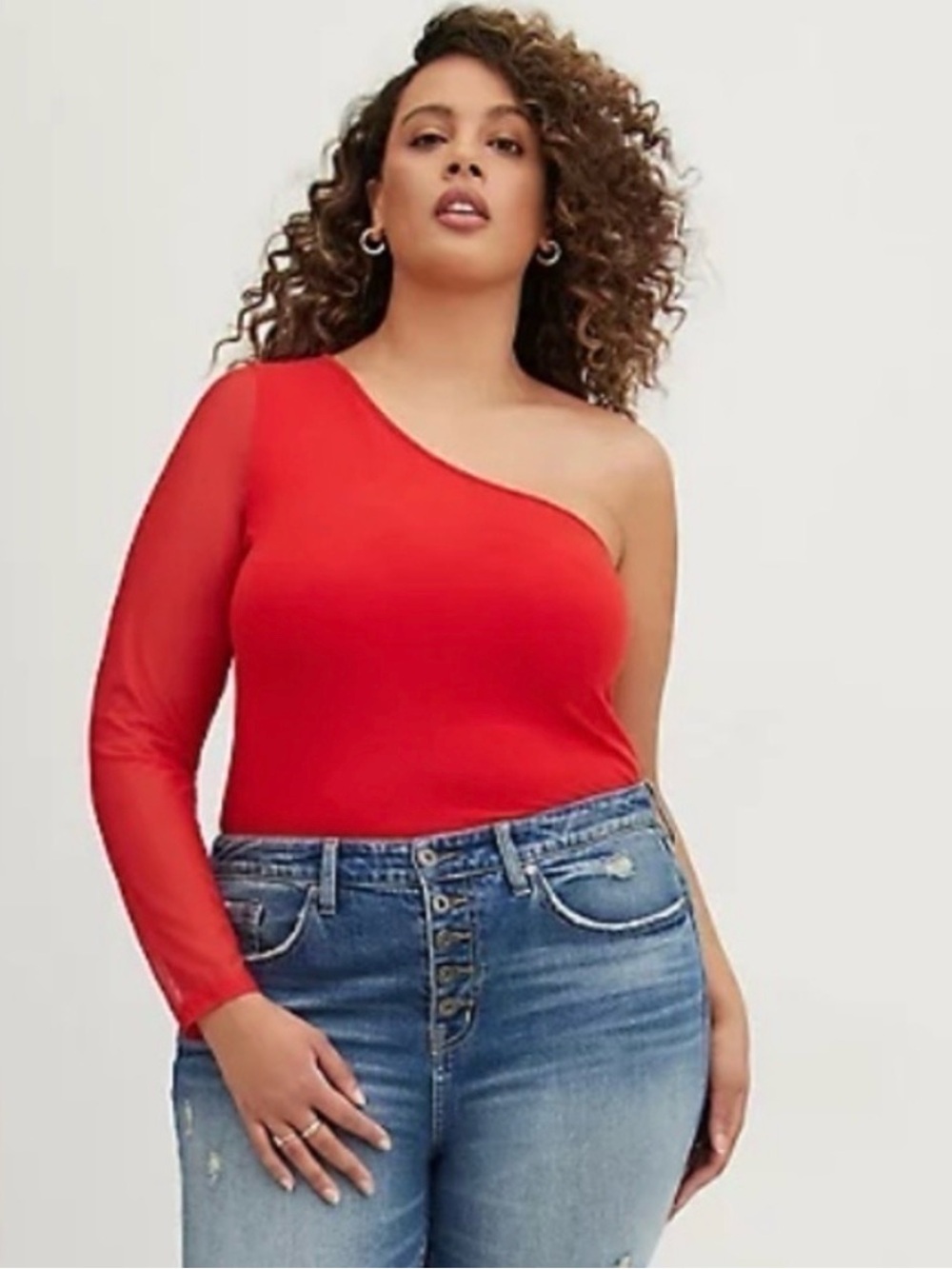 torrid Red One-Shoulder Mesh Sleeve Top